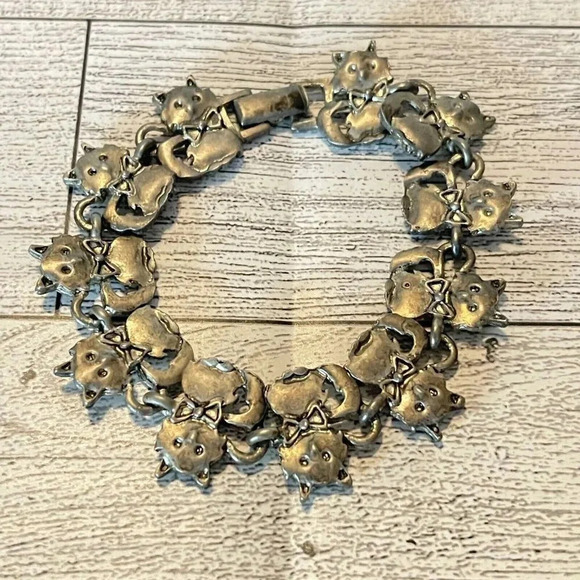 Vintage VTG Silver Pewter Cat Bracelet 7” - Picture 1 of 10